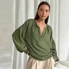 Модные однотонные блузки с V-образным вырезом, женские свободные топы с рукавами-фонариками, повседневная рубашка из хлопкового крепа, весна-осень, стиль Харадзюку