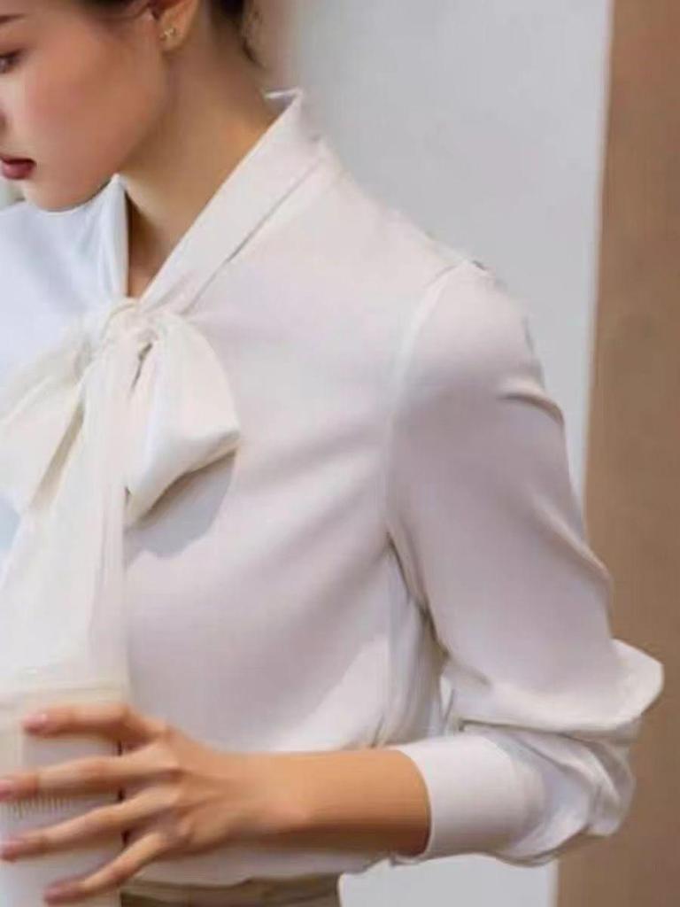 Белая блузка с бантом из ленты в стиле French Chic для женщин, Осень 2025
