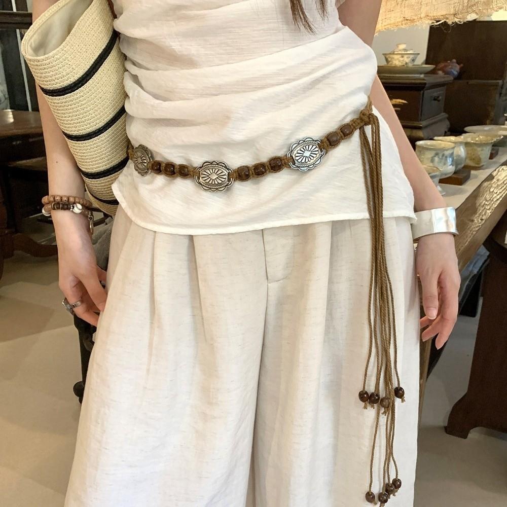 Adjustable Length Waist Belt Wooden Beads Decorative Belt Fashion Ladies Belt
