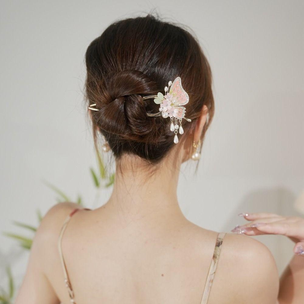 Tassel U Shaped Hair Stick Floral Hanfu Hair Stick Elegant Flowers Hair Stick  Ladies