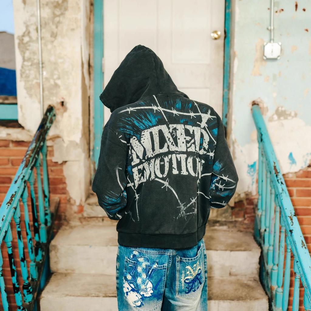 25S cross-border trendy brand MIXED & EMOTION thorn pattern letter print hooded sweater men's and women's high street jacket