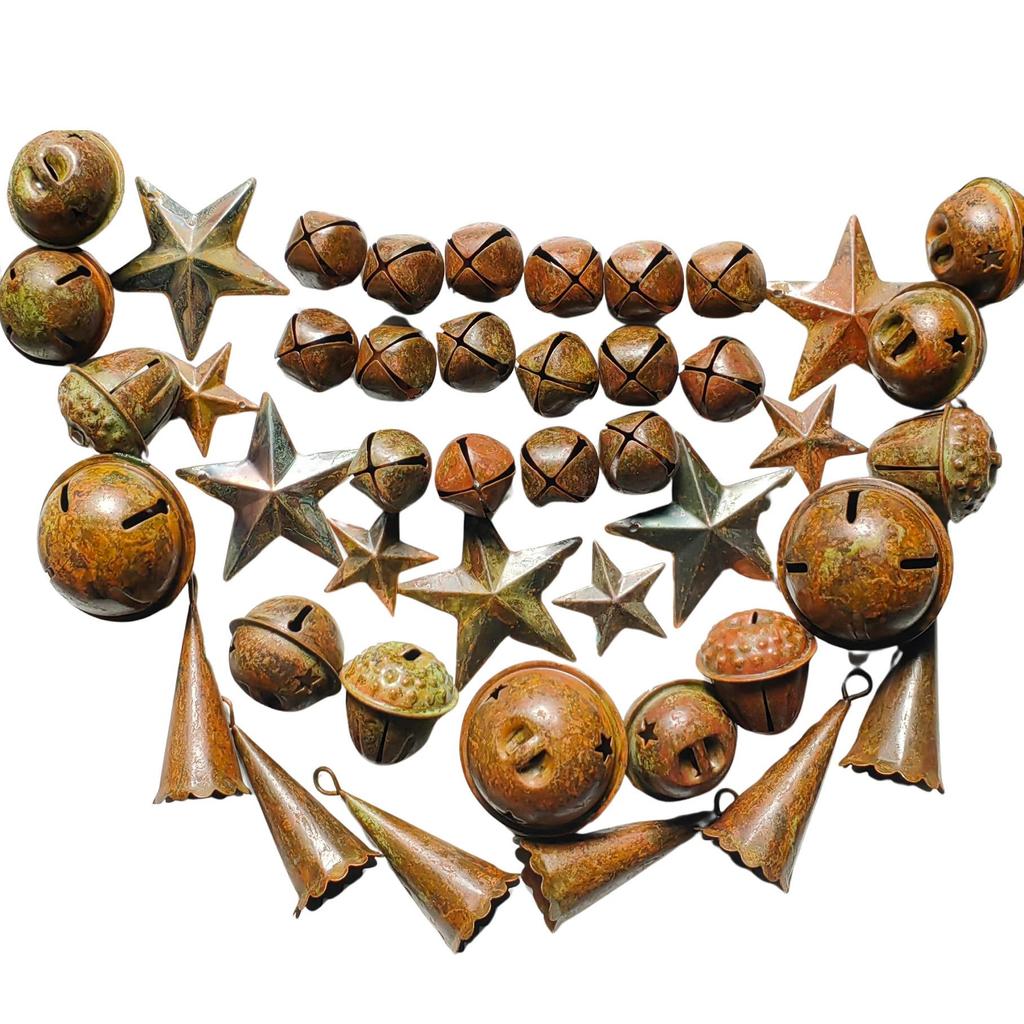 NO DIRTY 6pcs Rustic Bells Mixed Styles Vintage Rusty Metal Christmas Hanging Bells Country Rusty Barn Star Farmhouse Home Deco