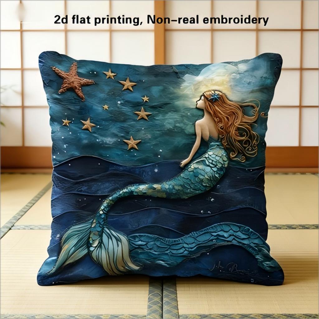 Boho Mermaid Starfish Pillow Cover Faux Embroidery Print Ocean Nautical Cushion Case For Sofa Bed Couch Mermaid Home Decor