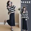 Autumn Korean Style Striped V-Neck Knitted Sweater with Slim Suspender Skirt for Pregnant Women