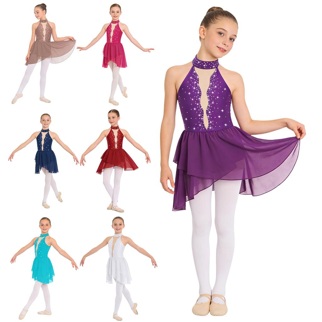 Девочки Блестящее Платье Пэчворк из Страз Без Рукавов Стойка Сетчатое Прозрачное С Открытой Спинкой Неровный Подол Лирический Костюм для Танцев