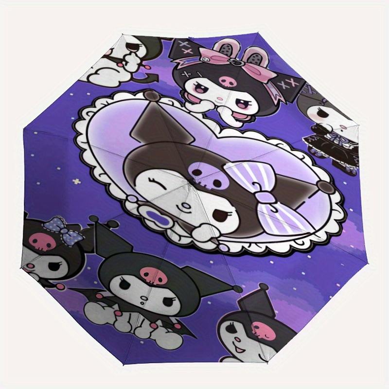 Heart Shaped Kuromi Sanrio Durable Cartoon Folding Cartoon Umbrella, Portable 3-Fold Compact Umbrella for Men and Women, Suitable for Travel or Daily