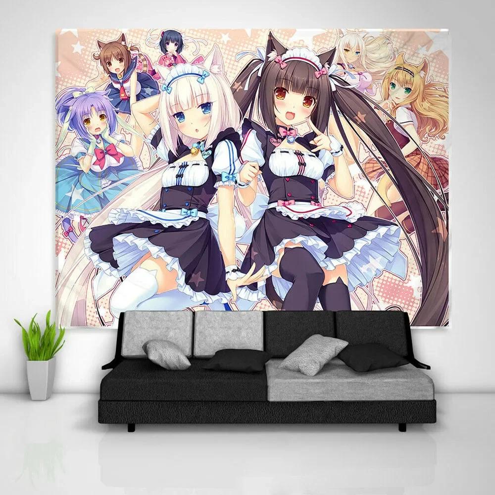 Тканевое панно Nekopara Аниме Настенный Кавайный Декор Комнаты Художественный Отпечаток Постер Милая Девушка Манга Эстетика Ткань для Фона Спальни