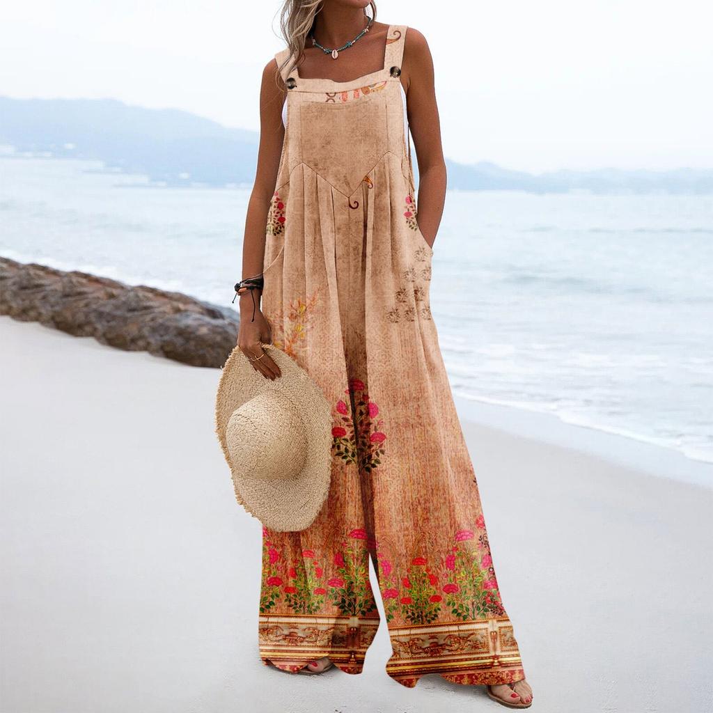 Женские комбинезоны, повседневные комбинезоны с широкими штанинами и принтом, комбинезоны без рукавов с карманами, наряды
