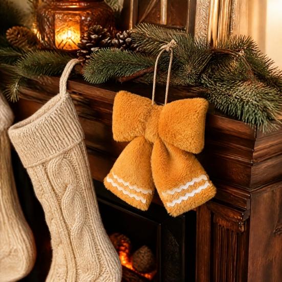 Indoor Holiday Party Supplies Plush Gingerbread Christmas Tree Bow, Soft Furry Bow Hanging Ornament for Xmas Tree, Wreath, Door, Staircases,