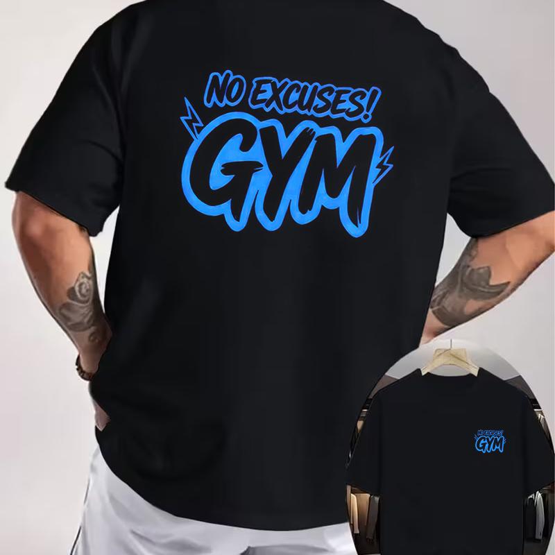 NO EXCUSES! GYM Fitness Motorcycle Double Sided Print T-Shirt Men's Summer Short-sleeved Round Neck Casual Streetwear Tops Tee