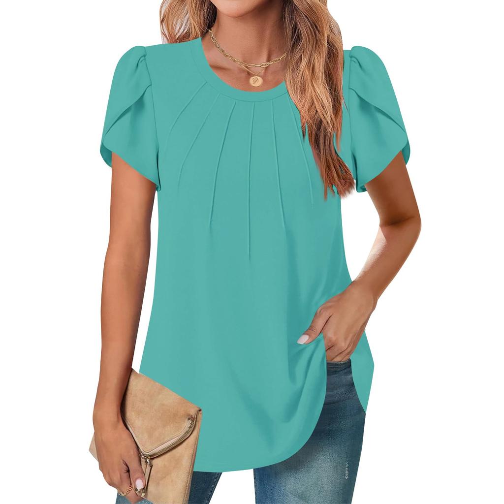 Women's Casual Round Neck Short Sleeve Chest Pleated Flap Sleeve Solid Color Top