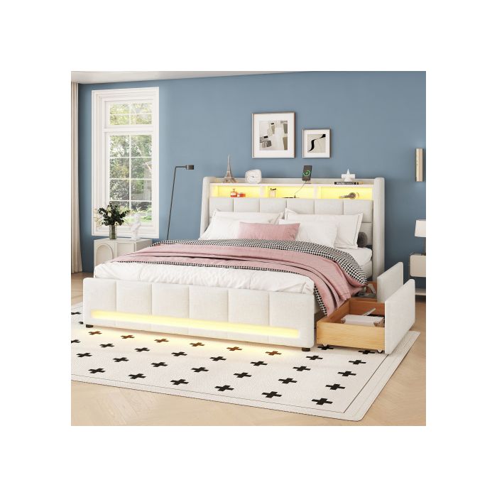 Lit - MUVOE - 140 x 200 cm - Rembourré en lin beige - Éclairage LED - Prise USB intégrée