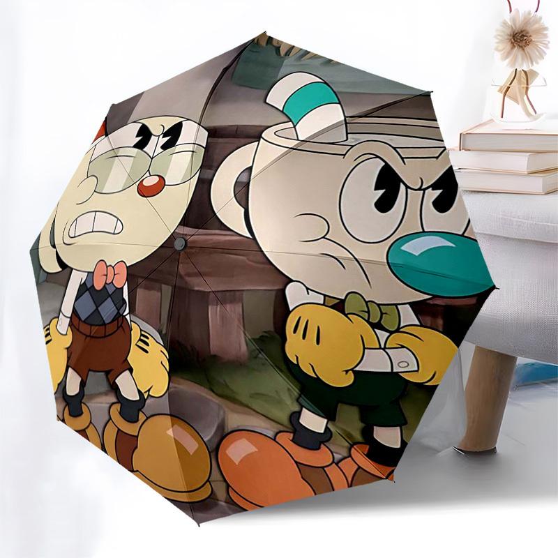 1 шт. Зонт для улицы Cuphead & Mugman - Автоматическое открытие/закрытие, Портативная трехскладная конструкция с 8-реберным железным каркасом - Идеальный подарок для фанатов, Путешественников,