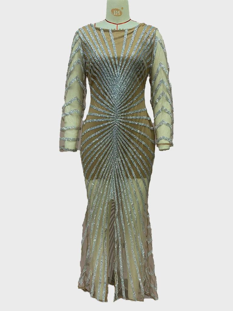 Европейская и американская мода весны 2025 года: Платье с разрезом и длинными рукавами в сетку с эффектом хрусталя и бриллиантами