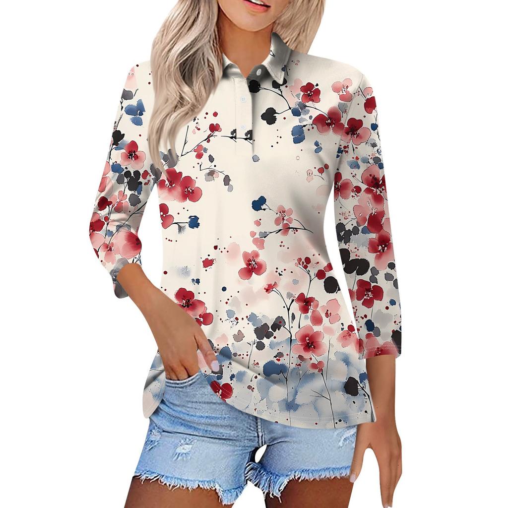 Женская модная повседневная рубашка с короткими рукавами 3/4 с лацканами и принтом, женские топы на пуговицах