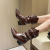 Fashion High Heels Mid Calf Pleated Boots Women Autumn Winter Vintage Brown Pu Leather Western Boots Woman Thick Heeled Botas Mujer