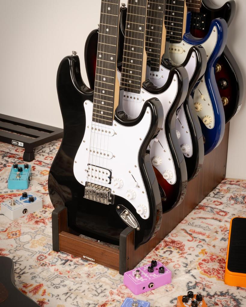 STRICH Wooden Guitar Front Stand for and Stage Walnut Color 5 L-5EW Floor-Mounted Stand, 5-Guitar Capacity, Display, Space-Saving, Multi-Guitar Home,