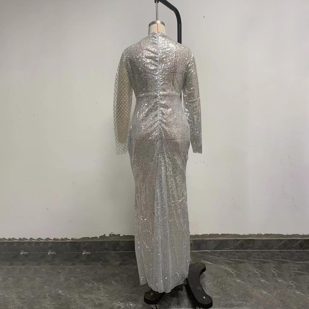 Женское элегантное длинное платье с блестками, облегающее платье с длинными рукавами, модное вечернее платье с высоким воротом для ночного клуба