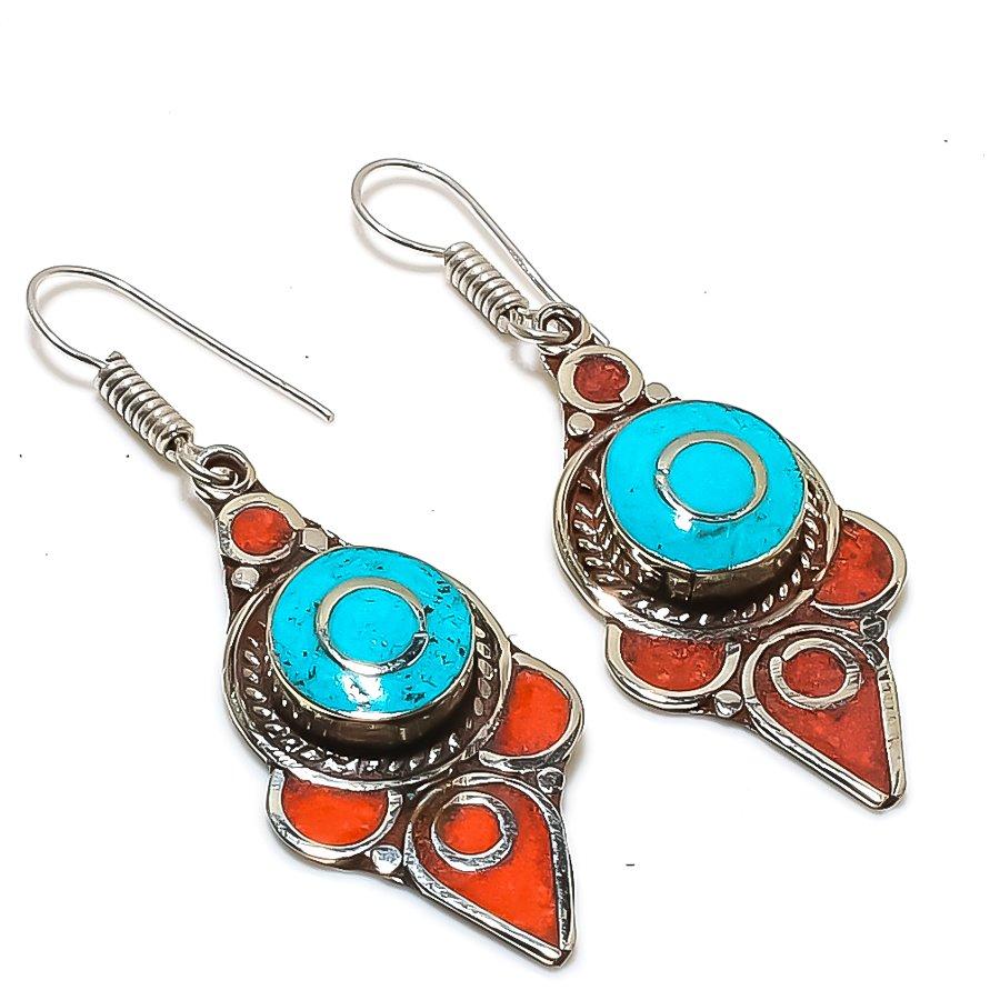 Natural Tibetan Turquoise, Coral Gemstone Handmade Jewelry Earring 2.48" A6E26