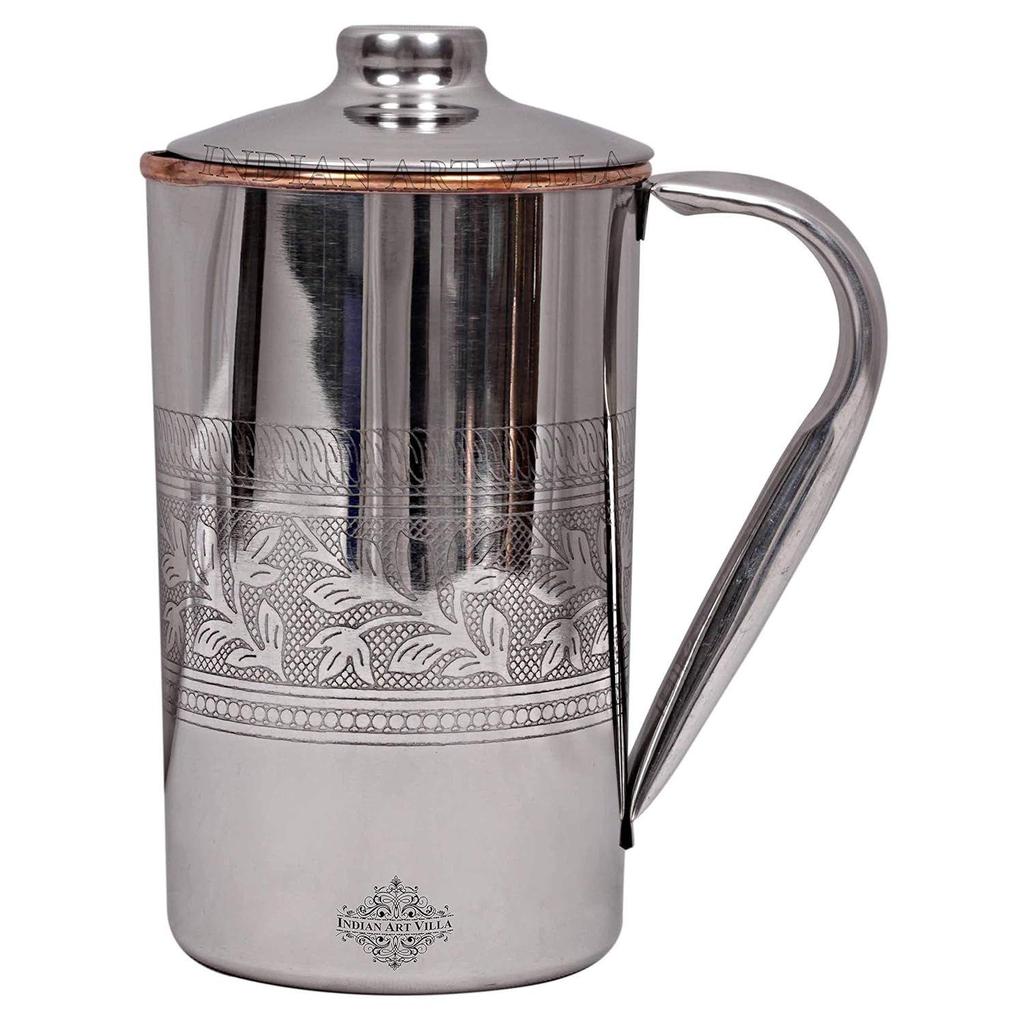 Steel Copper Drinkware Gift Set of Embossed Design 1 Jug & 6 Glass with Black Gift Box