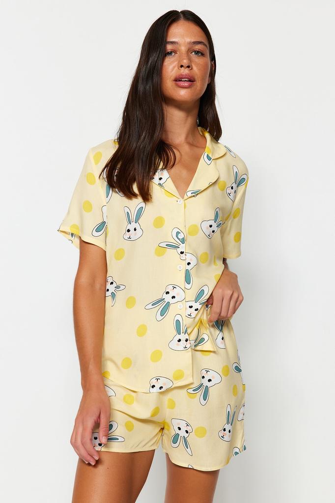 Women's Fashion New Pajama Set Yellow Rabbit Patterned Viscose Shirt-Shorts Woven Pajama Set