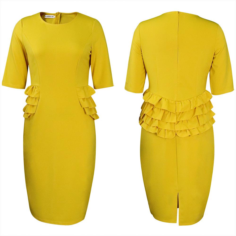 Плюс размер женское летнее модное платье с рюшами женское цельное однотонное деловое платье