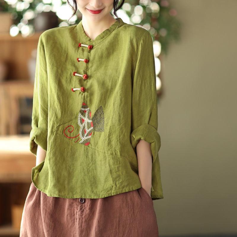 Women's Ethnic Chinese Embroidery T Shirt Top Loose Casual Office Shirt