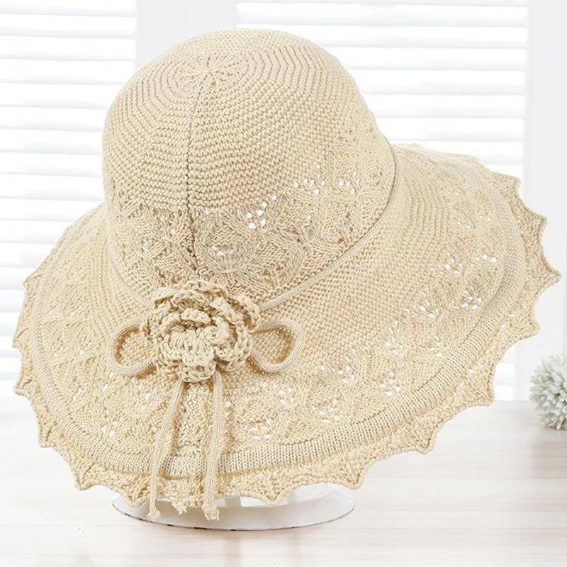 WTEMPO Women's Spring Summer Versatile Solid Color Flower Sun Hats Wide Brim Breathable Foldable Beach Flower Knitted Hats