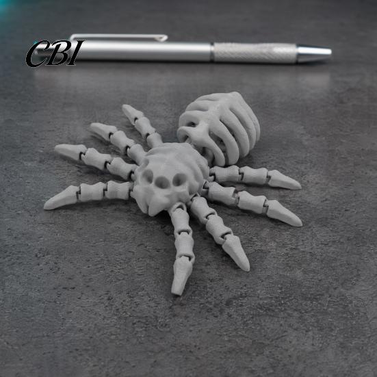 Movable Joint Spider Toy 3D Printed Skeleton Figurine, Articulated Joints Horror Halloween Desk Decor, Gothic Tabletop Ornament Skull with Matte Grey