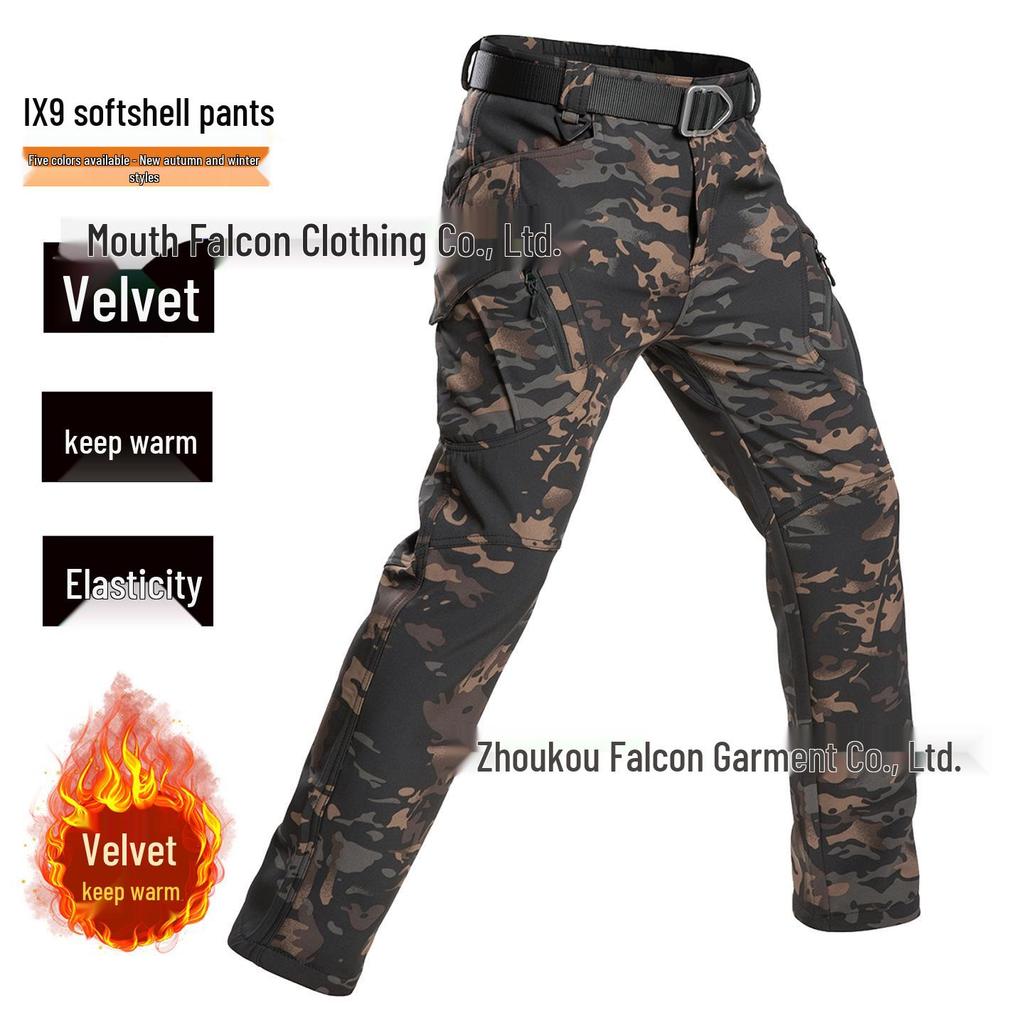 Мужские зимние камуфляжные софтшелл лыжные штаны на флисовой подкладке - Ветрозащитные, морозостойкие, с множеством карманов, идеально подходят для активного отдыха и альпинизма.