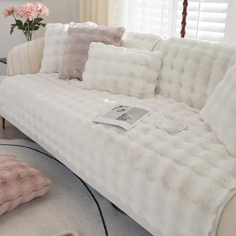 New Winter Rabbit Plush Sofa Cushion Nordic Minimalist Thickened Plush Seat Cushion High End Winter Anti-skid Leather Sofa Cover