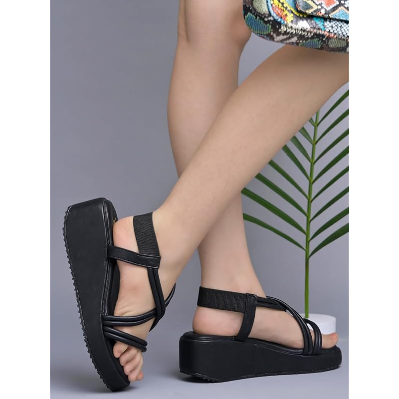 Shoetopia Женские и детские черные босоножки на танкетке Однотонный дизайн с перекрещивающимися ремешками Стильные, удобные, прочные каблуки Идеа