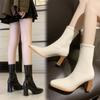 2025 Direct Sales French High-heeled Leather Boots Thick-heeled Short Boots Autumn and Winter Velvet Martin Boots High-heeled Thin Boots Elastic Wome