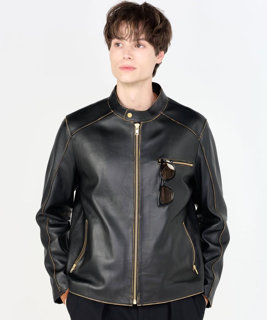 Dreamworld Lambskin Washed Mandarin Collar Biker Jacket (Brown)