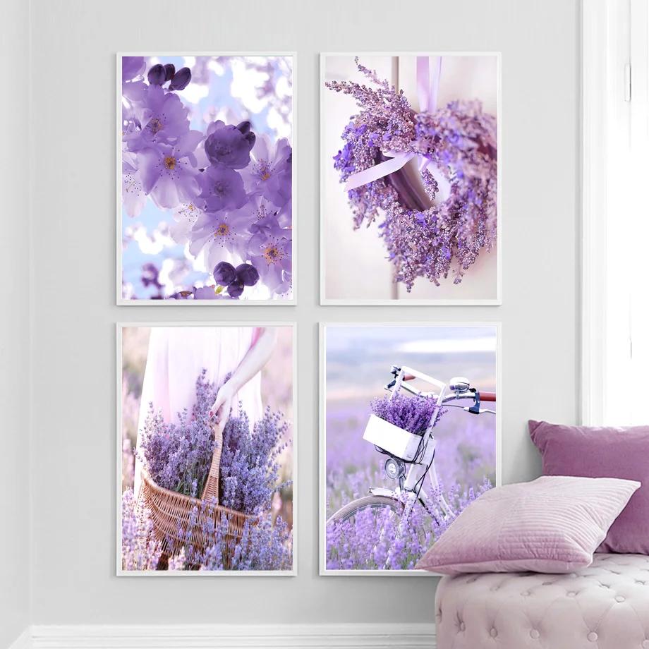 Lavender Wreath Train Bike Purple Landscape Wall Art Nordic PostersCanvas Painting And Prints Wall Pictures Living Room Decor