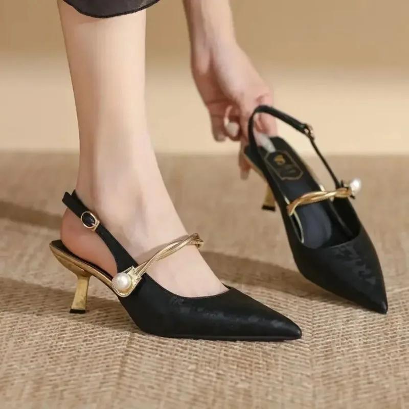 Новые летние модные туфли с острым носком и жемчугом для женщин, сексуальные женские сандалии на высоком каблуке, женская обувь для банкета Zapatillas Mujer