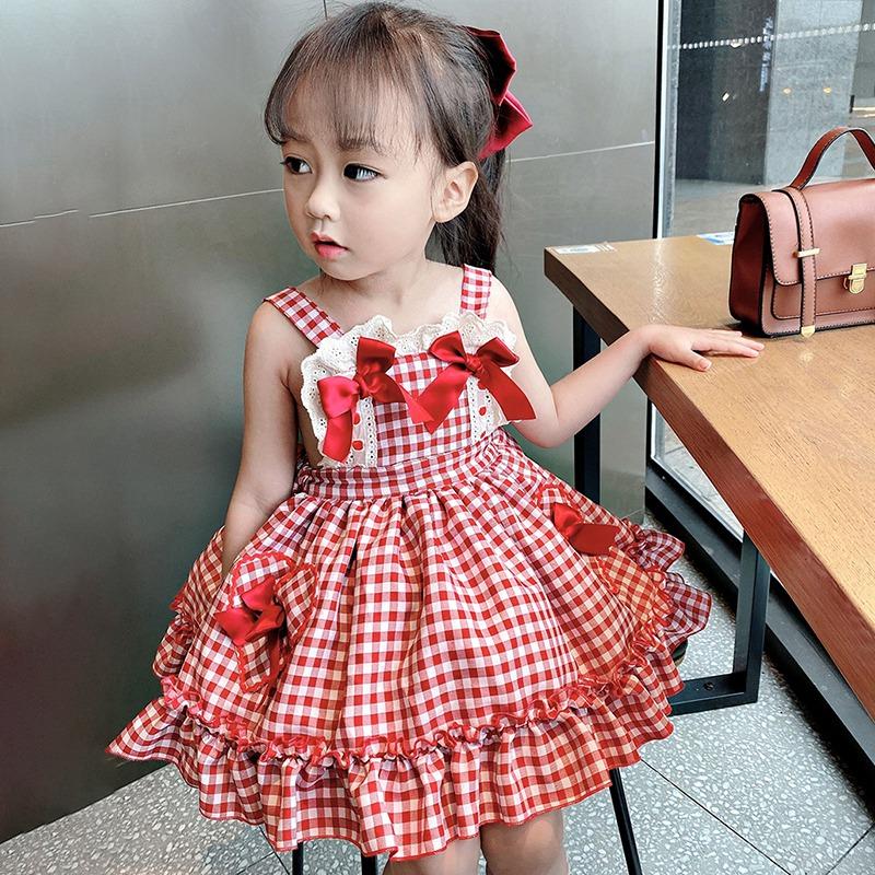 Детское клетчатое платье с принтом для девочек, летнее платье, кружевное платье с бантом, платье принцессы Лолиты, платье с квадратным вырезом