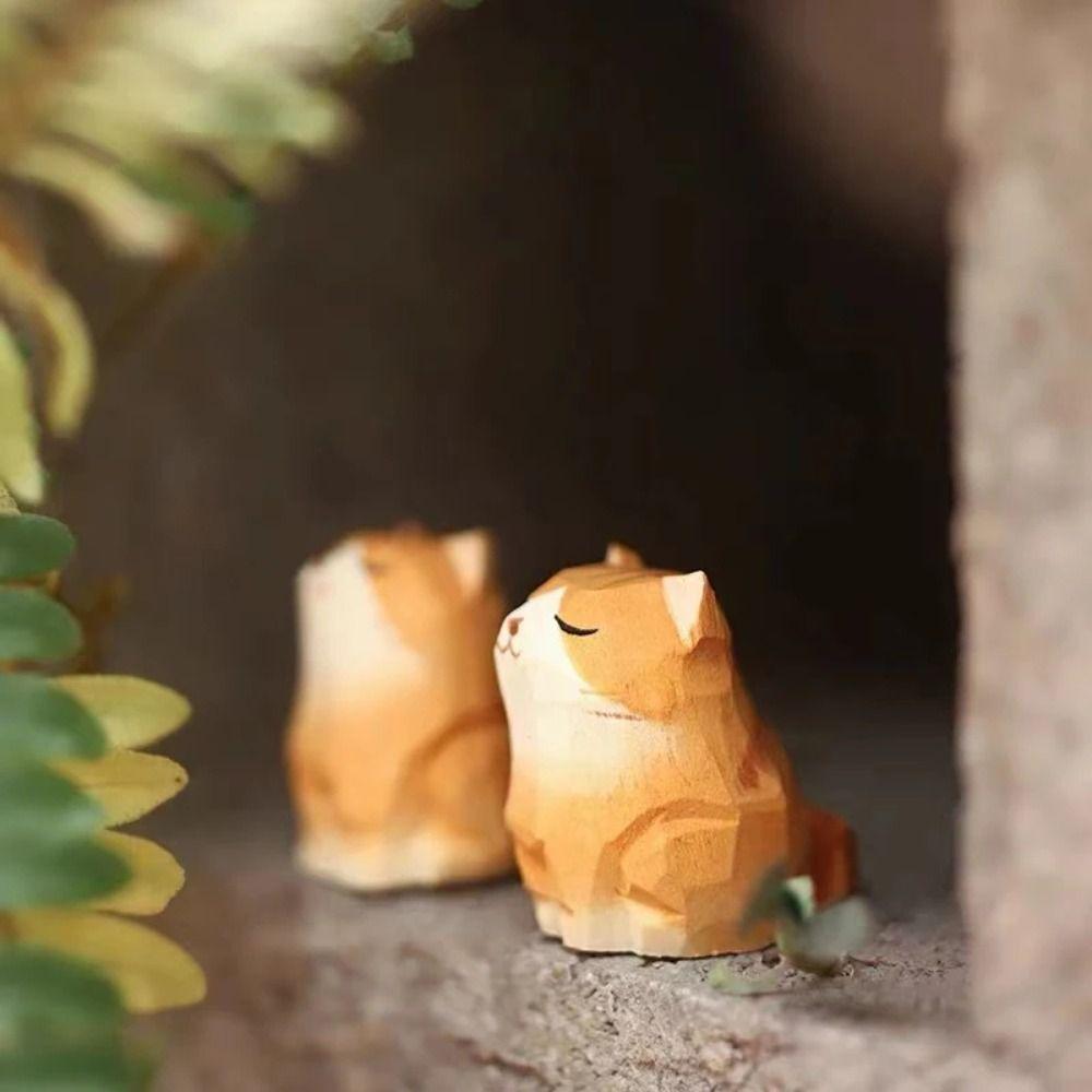 Painted Cat Dog Statues Mini Small Animal Dolls Wooden Animal Figurine Birthday Holiday