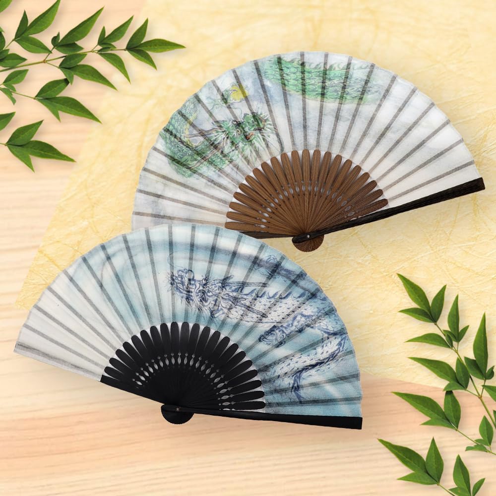 Fan Fan Set with Ryun [Osaka Choseido] Fan, Men's, Fashionable, Business, Bag, Holder, Handkerchief, (Green Dragon)