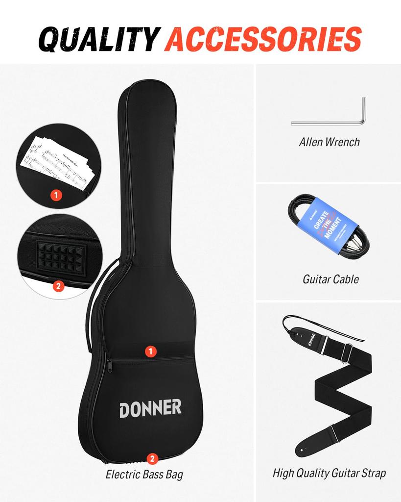 Электрогитара Donner для начинающих, комплект LP Type 39 дюймов, полноразмерная, из тополя, звукосниматель HH, эксклюзивный кейс, защитный ремень, в комплекте, черная DL-124