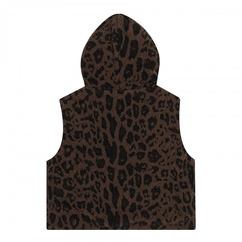 Womens Leopard Heart Embroidery Hooded Vest Winter Warm Reversible Streetwear
