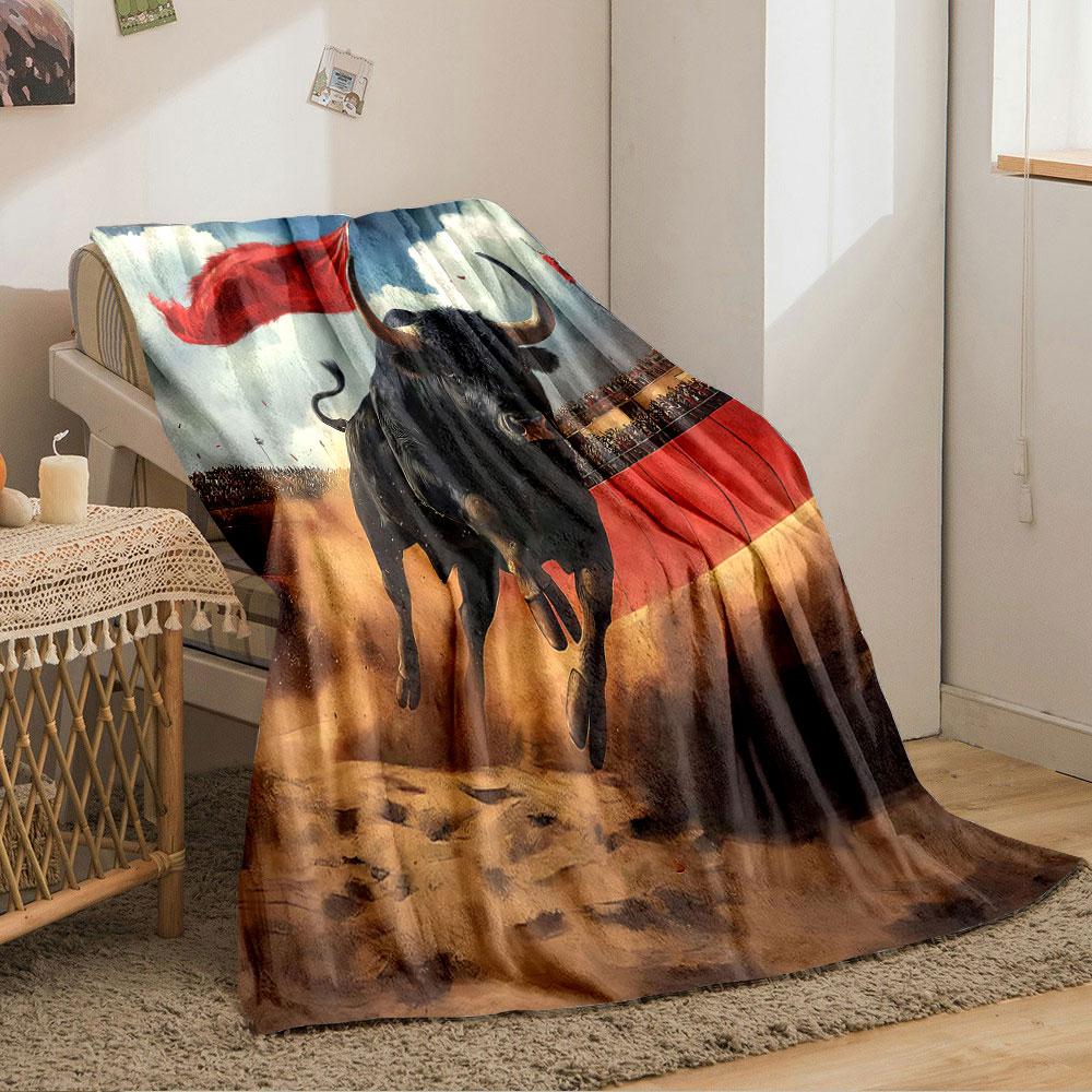 Charging bull with a red flag in a vibrant bullfighting arena setting. for all seasons blanket lunch break throw gift