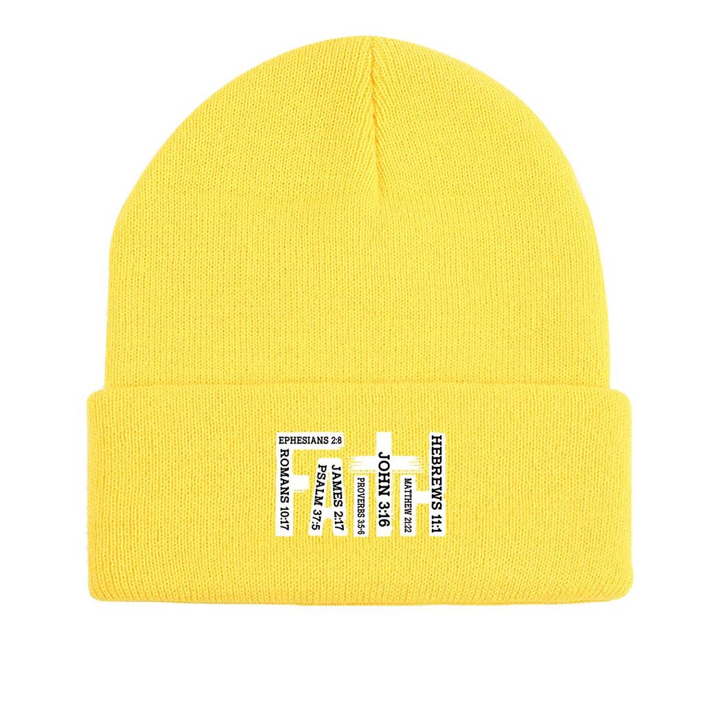 White "FAITH" Cross Winter Knitted Hat Beanie, Woman Cap Cuff Thermal Solid Color Headwear Knit Hat Beanie