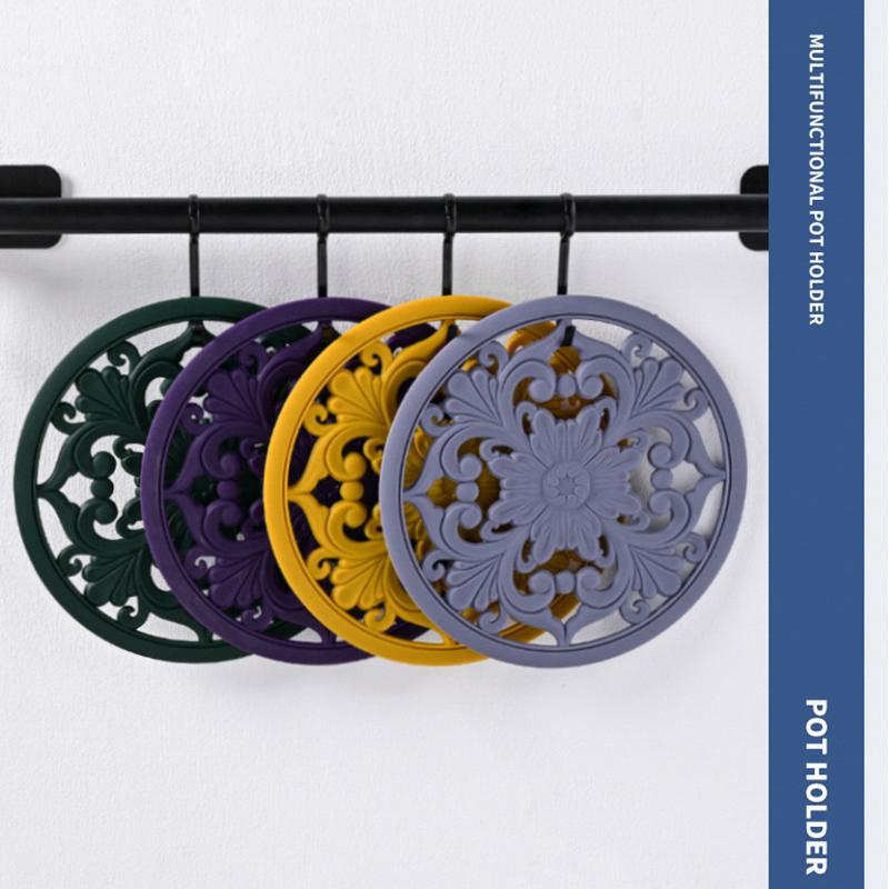 3 шт. Круглые силиконовые салфетки под приборы, ретро полые резные коврики для обеденного стола, набор для тарелок и прихваток для кастрюль, кухонные подставки под горячее