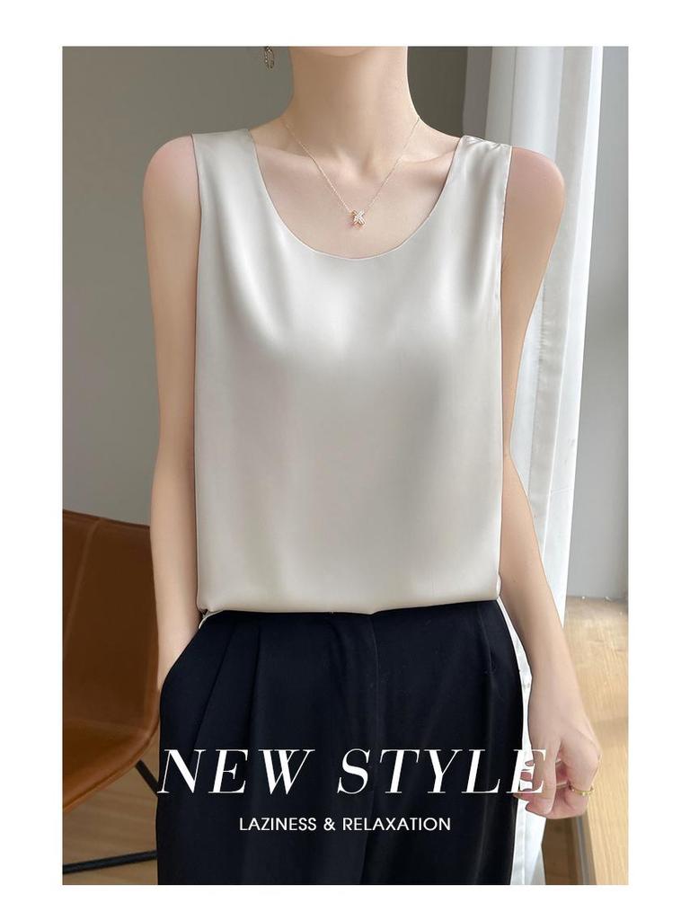 Versatile Women's Satin Camisole: Front V, Round Back, Sleeveless, Wide Straps—perfect Under a Suit, Silky Finish with an Elegant Back.