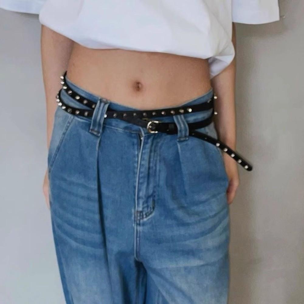 Thin Women's Rivet Belt Extra Long Dress Jeans Belt Vintage Leather Waist Belt Spicy Girls