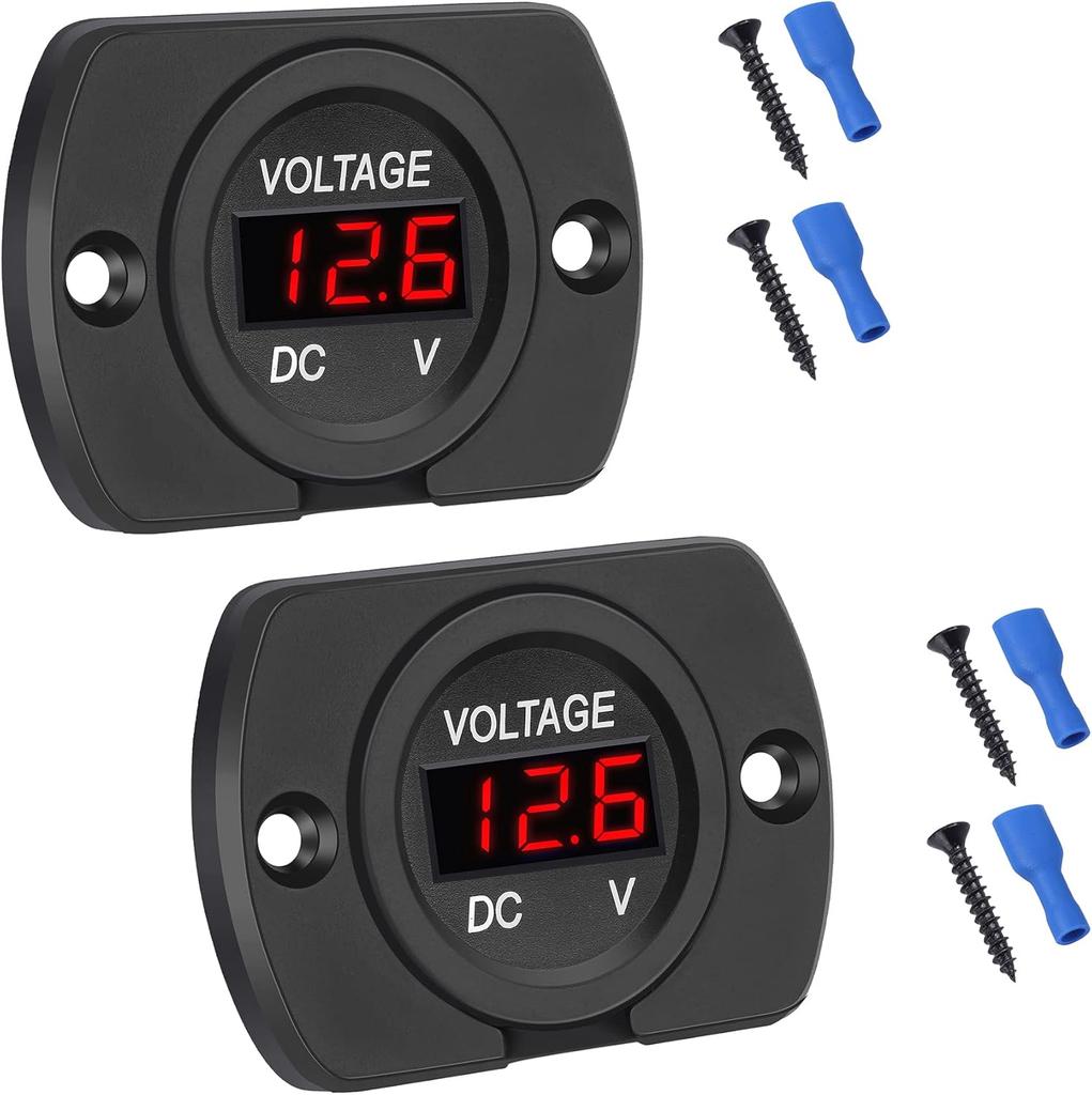 2 Pack DC 12V 24V Waterproof Car Voltmeter LED Digital Display Panel, Round Voltage Gauge with Terminals for Car/Motorcycle/Travel Trailer/Truck/Boat