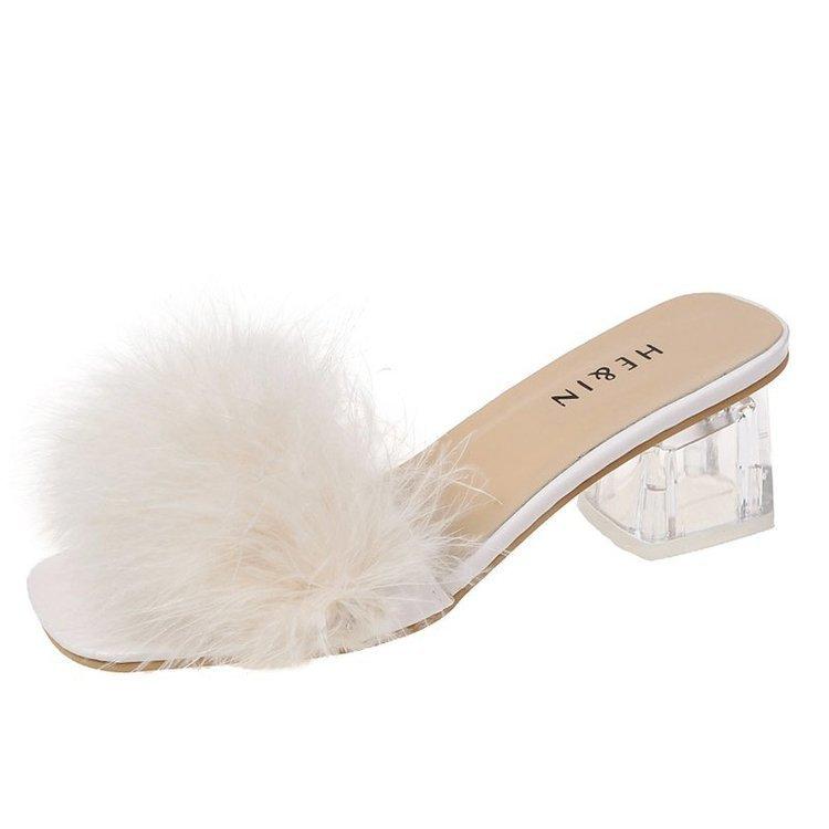 Fashion Mules Sandal Women Summer Outdoor Fashion Slippers Square Toe High Heels Office Ladies Feather Slides Chic Classics Furry Shoes