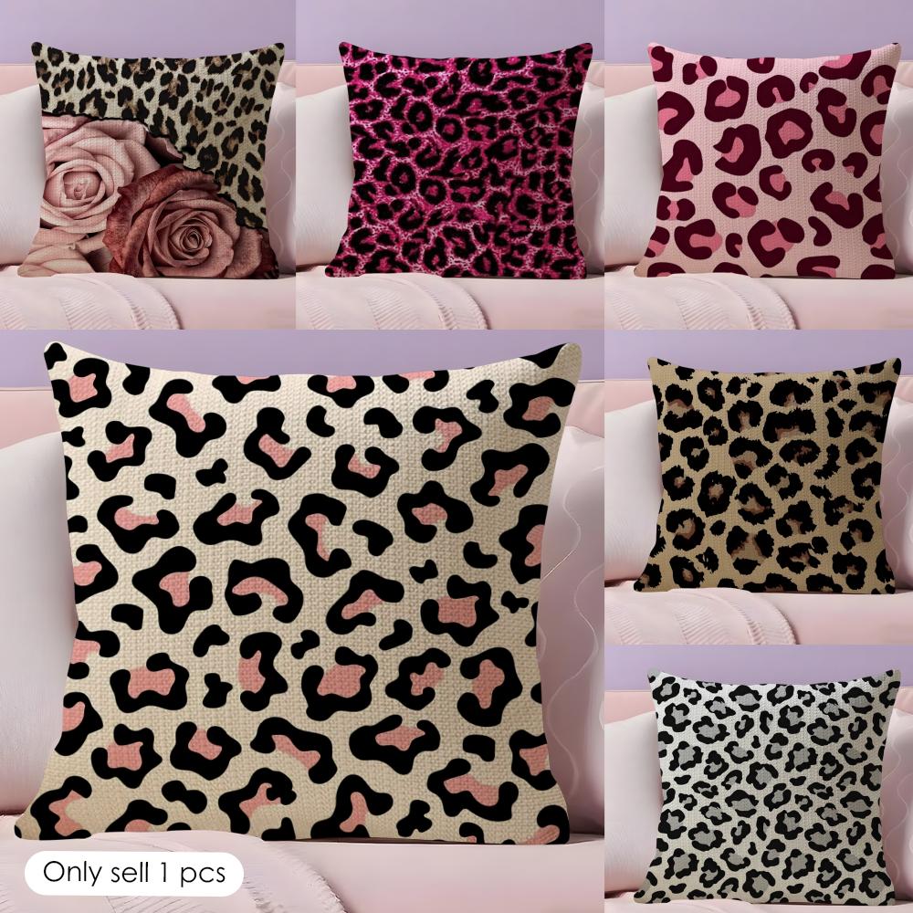 Pink Leopard Pattern Cushion Cover Natural Linen Double Sided Print Throw Pillow Case for Sofa Couch Home Decor