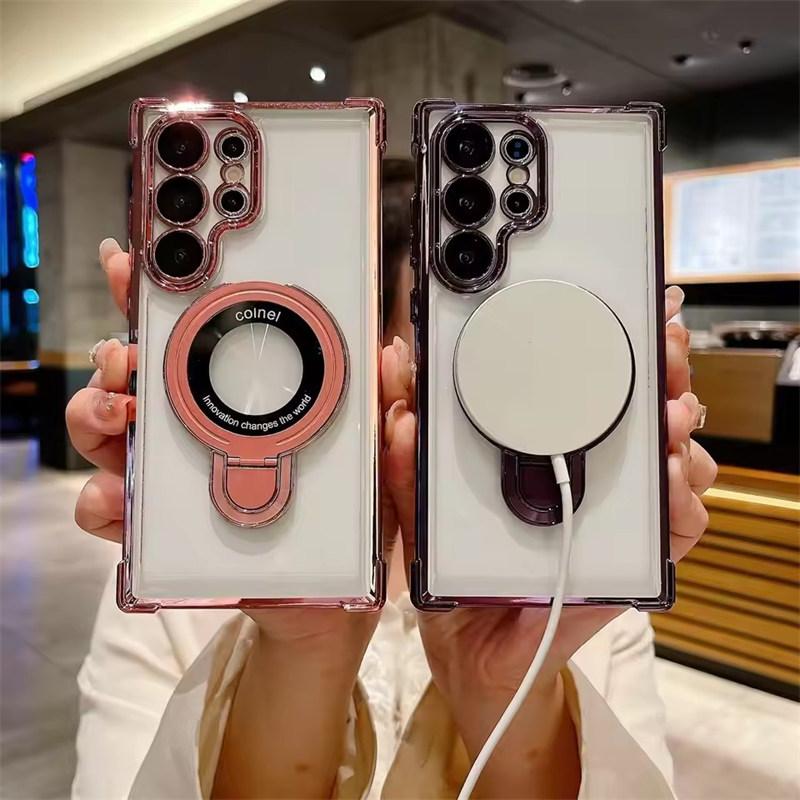 Магнитный чехол Magsafe Clear для телефона Samsung Galaxy S25 S24 S23 S22 Ultra Plus S22 Ring Holder Stand Wireless Charge Cover